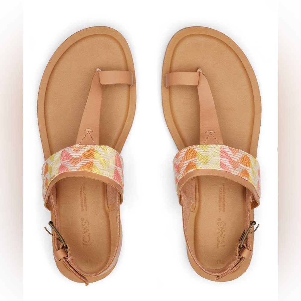 TOMS Bree Beige Leather Chevron Embroidered Orange & Yellow Sandals Sz 7
